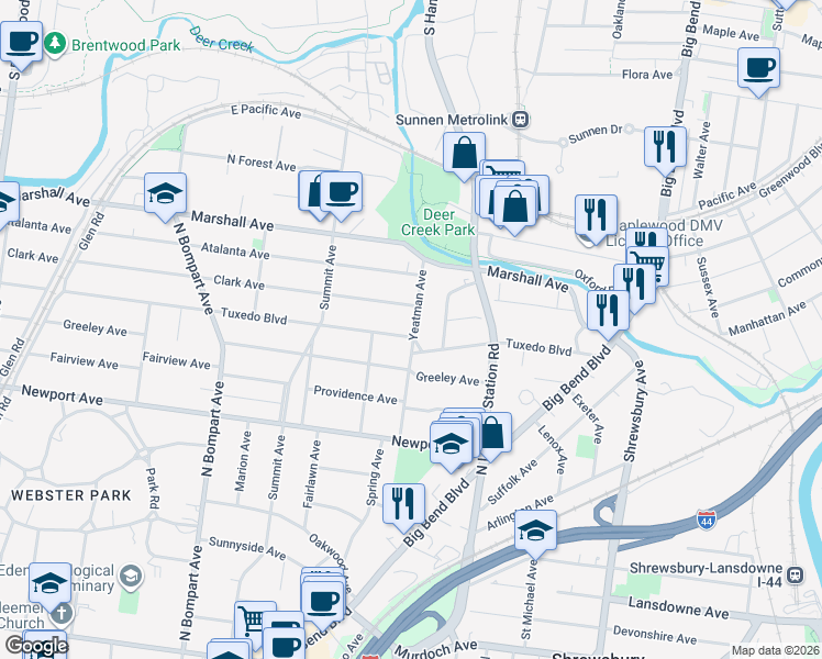 map of restaurants, bars, coffee shops, grocery stores, and more near 877 Tuxedo Boulevard in Webster Groves