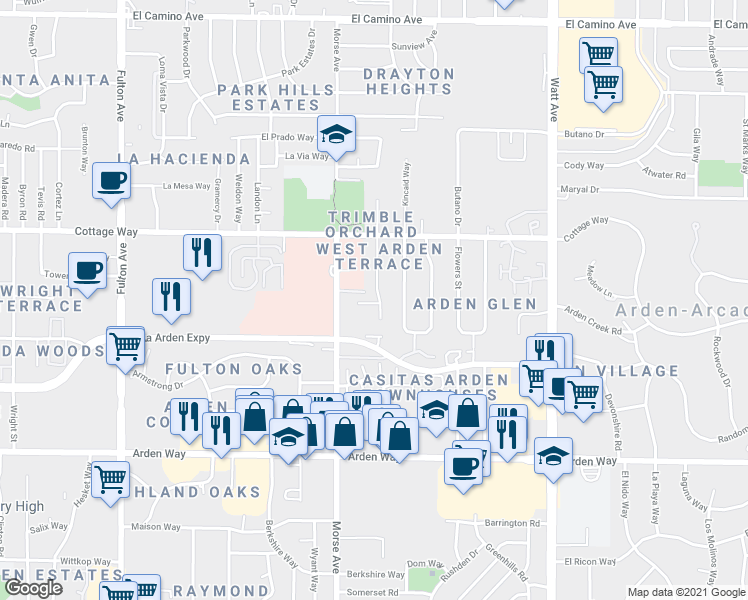 map of restaurants, bars, coffee shops, grocery stores, and more near 3133 Cottage Park Avenue in Sacramento