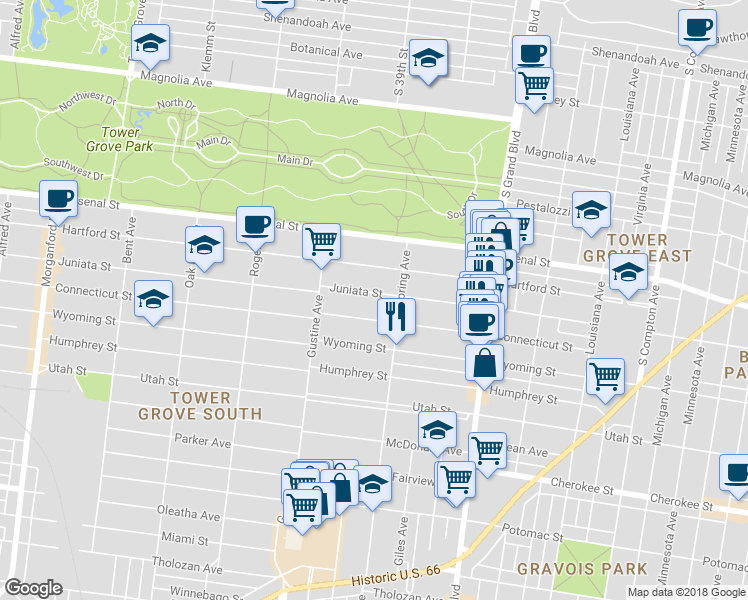 map of restaurants, bars, coffee shops, grocery stores, and more near 3826 Juniata Street in St. Louis