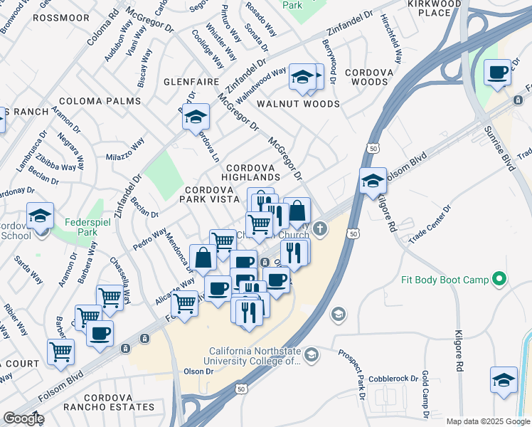 map of restaurants, bars, coffee shops, grocery stores, and more near 10816 Scotsman Way in Rancho Cordova