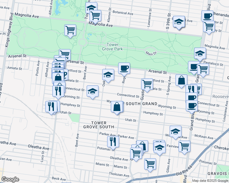 map of restaurants, bars, coffee shops, grocery stores, and more near 4019 Connecticut Street in St. Louis