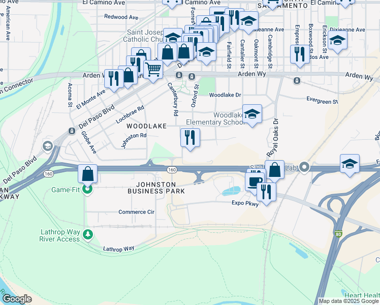 map of restaurants, bars, coffee shops, grocery stores, and more near 1900 Canterbury Road in Sacramento