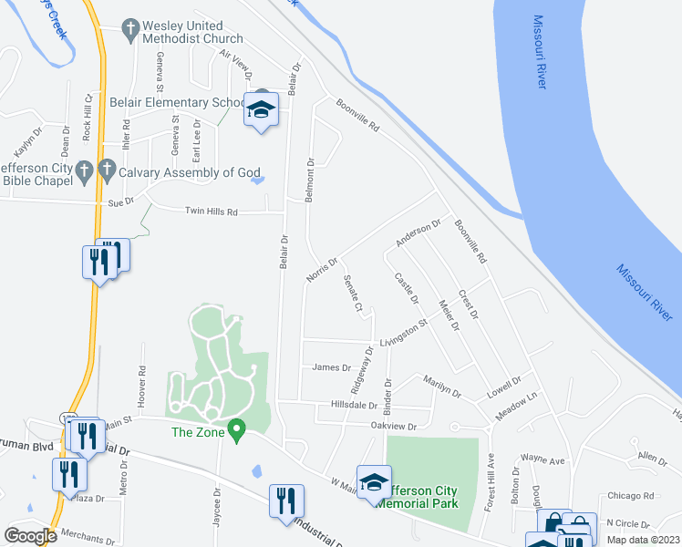 map of restaurants, bars, coffee shops, grocery stores, and more near 663 Senate Court in Jefferson City