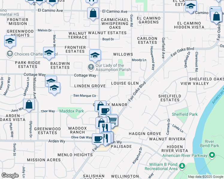 map of restaurants, bars, coffee shops, grocery stores, and more near 5160 Oak Leaf Avenue in Carmichael
