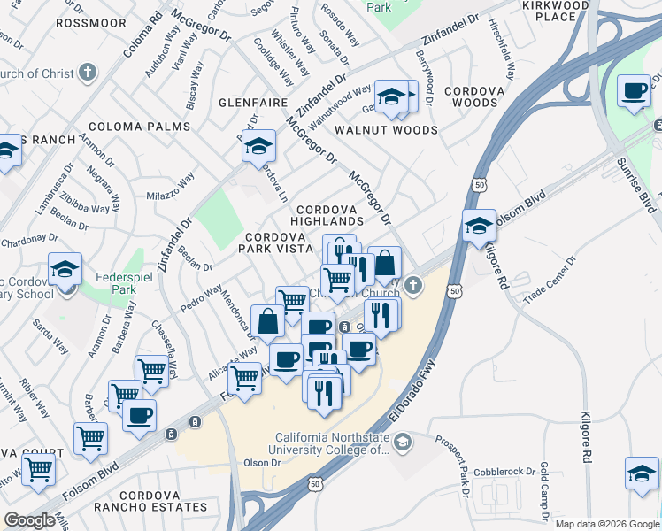 map of restaurants, bars, coffee shops, grocery stores, and more near 10816 Scotsman Way in Rancho Cordova