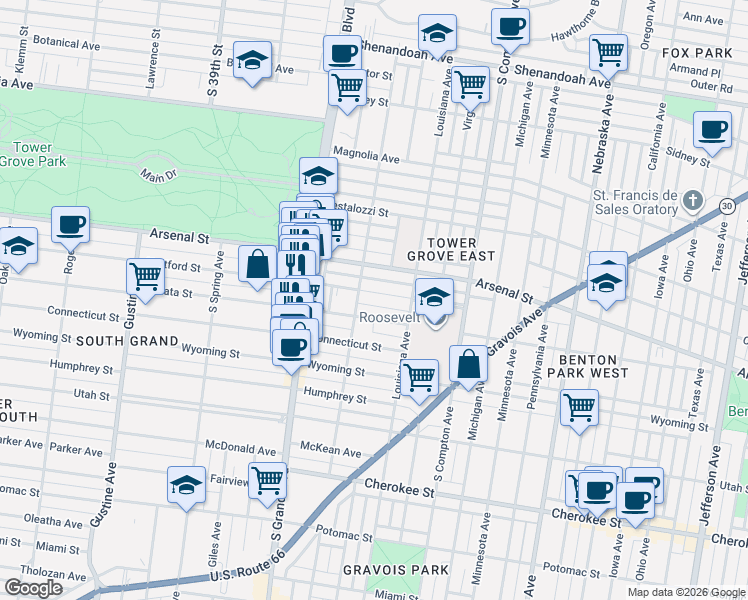 map of restaurants, bars, coffee shops, grocery stores, and more near 3150 Arkansas Avenue in St. Louis