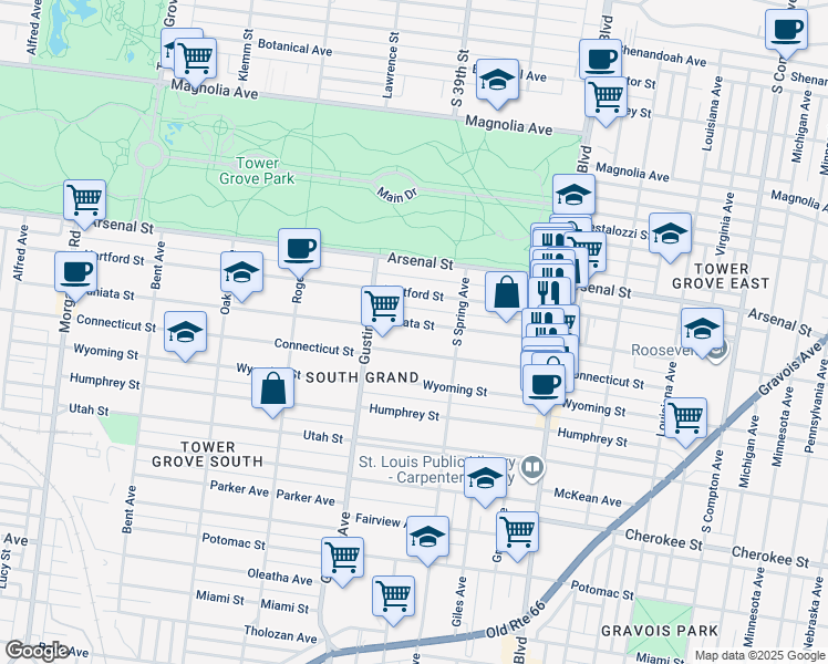 map of restaurants, bars, coffee shops, grocery stores, and more near 3826 Juniata Street in St. Louis