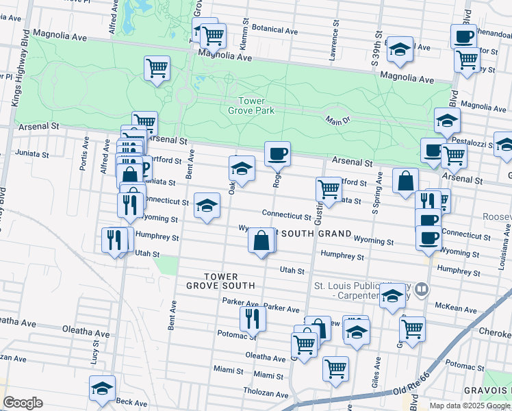 map of restaurants, bars, coffee shops, grocery stores, and more near 4019 Connecticut Street in St. Louis