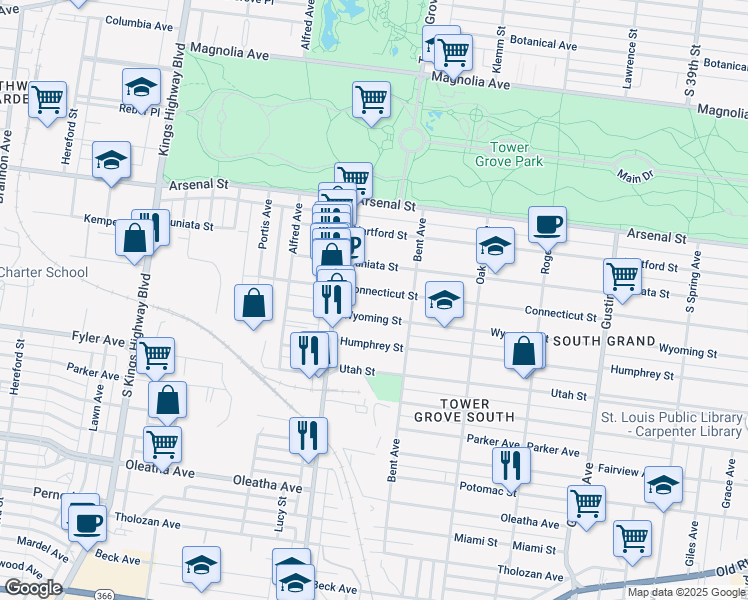 map of restaurants, bars, coffee shops, grocery stores, and more near 4226 Connecticut Street in St. Louis