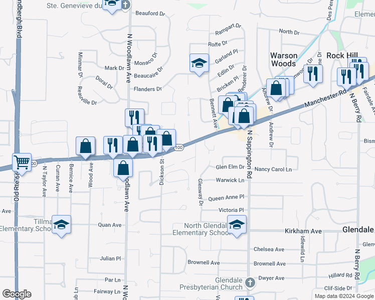 map of restaurants, bars, coffee shops, grocery stores, and more near 655 Tarrymore Lane in Kirkwood