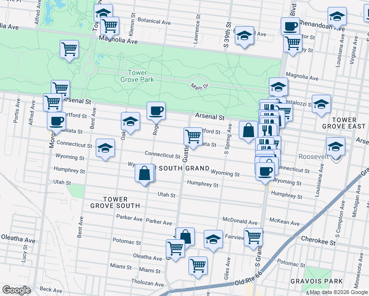 map of restaurants, bars, coffee shops, grocery stores, and more near 3915 Connecticut Street in St. Louis
