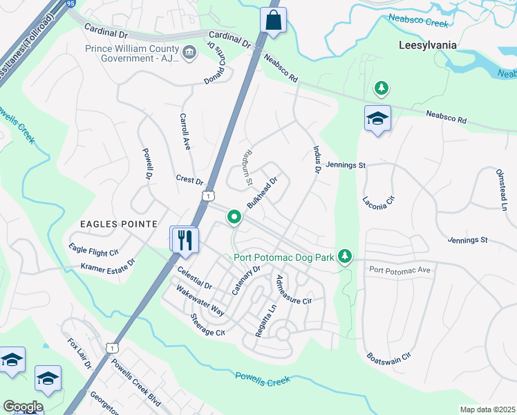 map of restaurants, bars, coffee shops, grocery stores, and more near 2741 Bulkhead Drive in Woodbridge