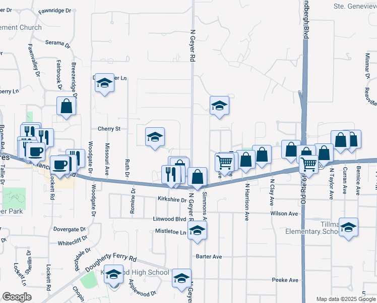 map of restaurants, bars, coffee shops, grocery stores, and more near 1219 North Geyer Road in St. Louis