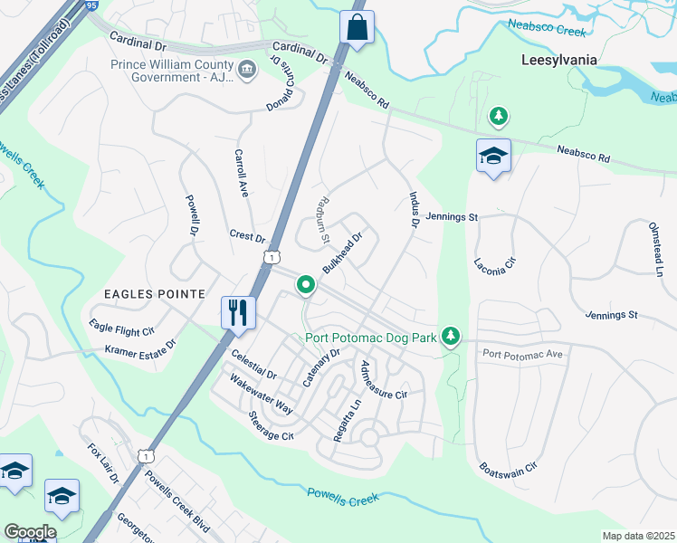 map of restaurants, bars, coffee shops, grocery stores, and more near 2741 Bulkhead Drive in Woodbridge