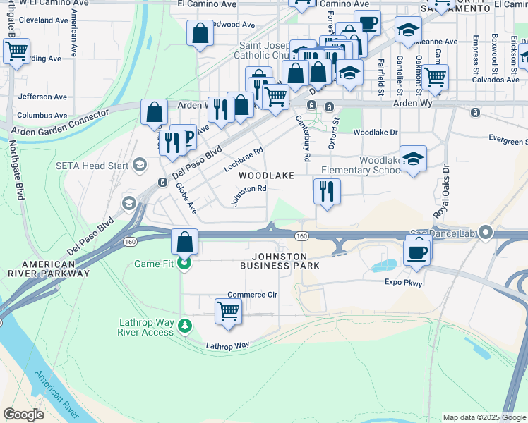 map of restaurants, bars, coffee shops, grocery stores, and more near 198 Baxter Avenue in Sacramento