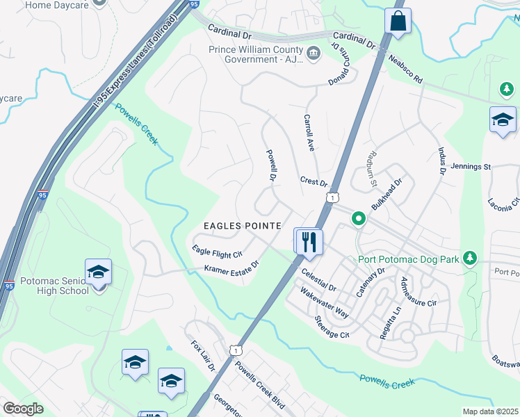 map of restaurants, bars, coffee shops, grocery stores, and more near 16169 Eagle Beak Circle in Woodbridge