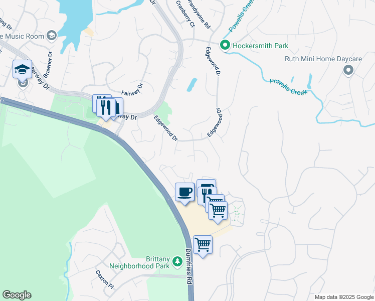 map of restaurants, bars, coffee shops, grocery stores, and more near 16204 Sheffield Drive in Dumfries