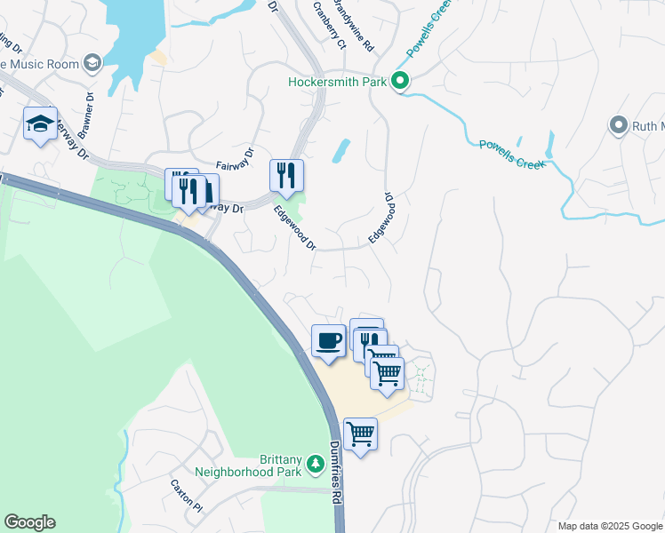 map of restaurants, bars, coffee shops, grocery stores, and more near 16204 Sheffield Drive in Dumfries