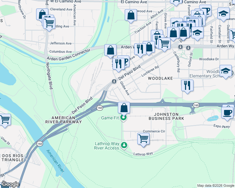 map of restaurants, bars, coffee shops, grocery stores, and more near 90 North Sac Mobile Home Park in Sacramento