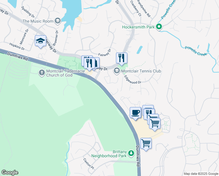 map of restaurants, bars, coffee shops, grocery stores, and more near 16229 Dumfries Road in Montclair