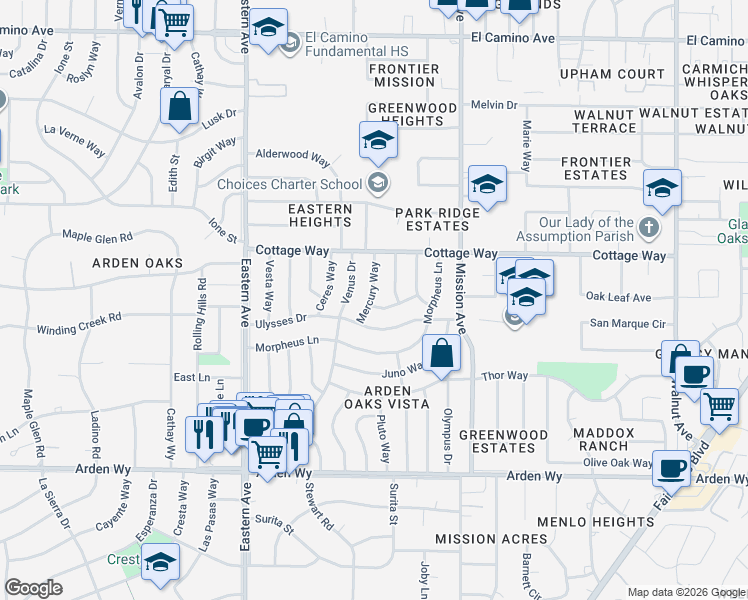 map of restaurants, bars, coffee shops, grocery stores, and more near 4400 Clytie Way in Sacramento