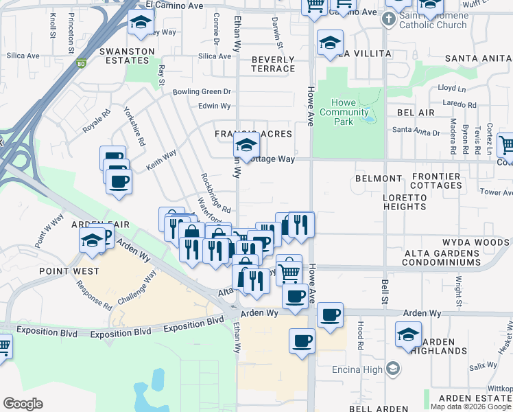 map of restaurants, bars, coffee shops, grocery stores, and more near 1922 Ethan Way in Sacramento
