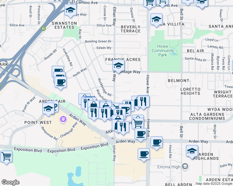 map of restaurants, bars, coffee shops, grocery stores, and more near 1922 Ethan Way in Sacramento