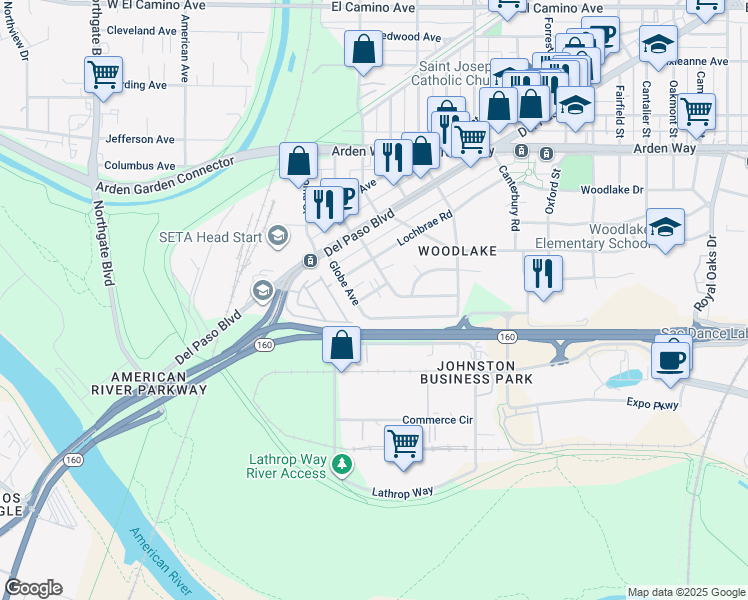 map of restaurants, bars, coffee shops, grocery stores, and more near 145 Globe Avenue in Sacramento