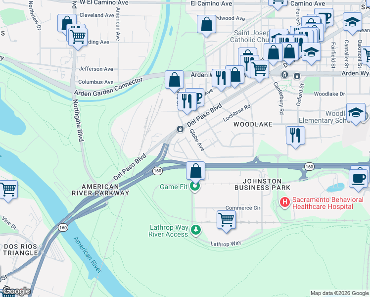 map of restaurants, bars, coffee shops, grocery stores, and more near 90 North Sac Mobile Home Park in Sacramento