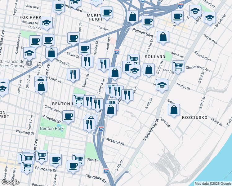 map of restaurants, bars, coffee shops, grocery stores, and more near 2719 South 13th Street in St. Louis