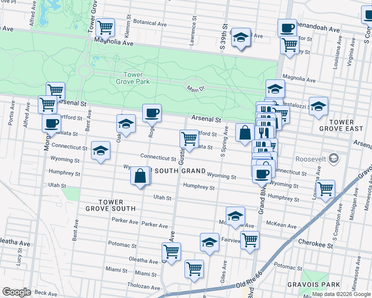 map of restaurants, bars, coffee shops, grocery stores, and more near 3871 Connecticut Street in St. Louis
