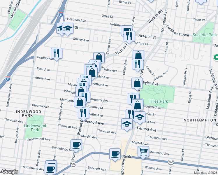 map of restaurants, bars, coffee shops, grocery stores, and more near 6333 Hancock Avenue in St. Louis