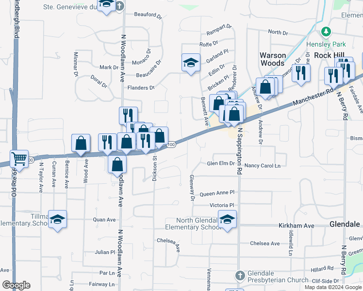 map of restaurants, bars, coffee shops, grocery stores, and more near 655 Tarrymore Lane in Kirkwood