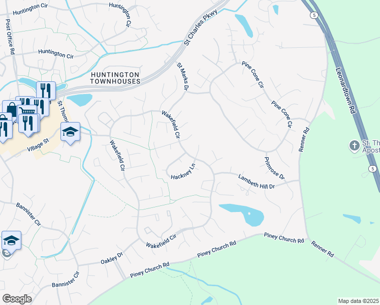map of restaurants, bars, coffee shops, grocery stores, and more near 2242 Wakefield Circle in Waldorf