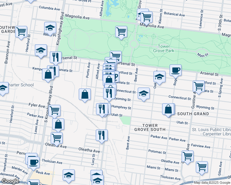 map of restaurants, bars, coffee shops, grocery stores, and more near 4273 Wyoming Street in St. Louis