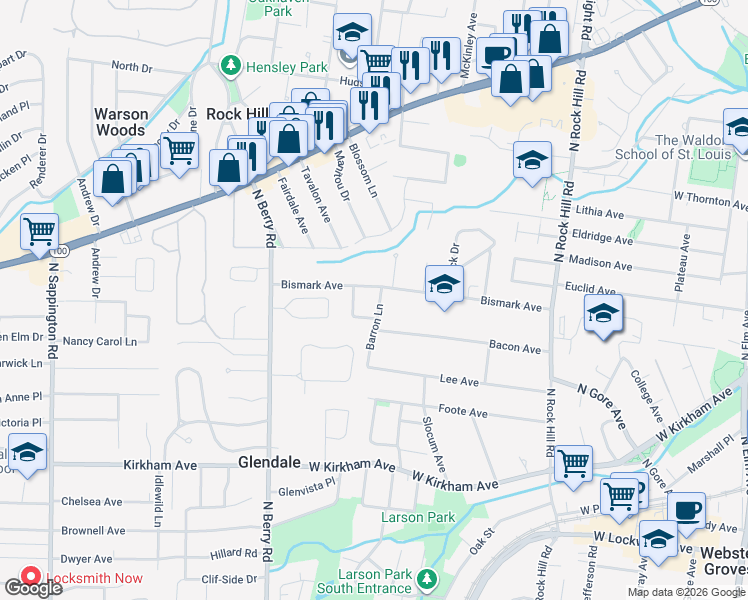 map of restaurants, bars, coffee shops, grocery stores, and more near 422 Barron Lane in Webster Groves