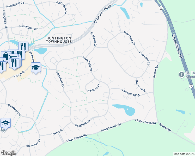 map of restaurants, bars, coffee shops, grocery stores, and more near 2242 Wakefield Circle in Waldorf