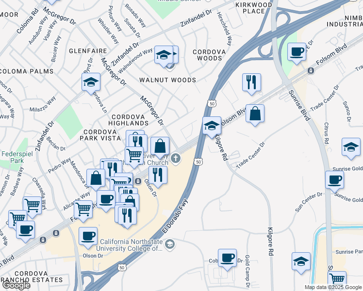 map of restaurants, bars, coffee shops, grocery stores, and more near 10901 Folsom Boulevard in Rancho Cordova