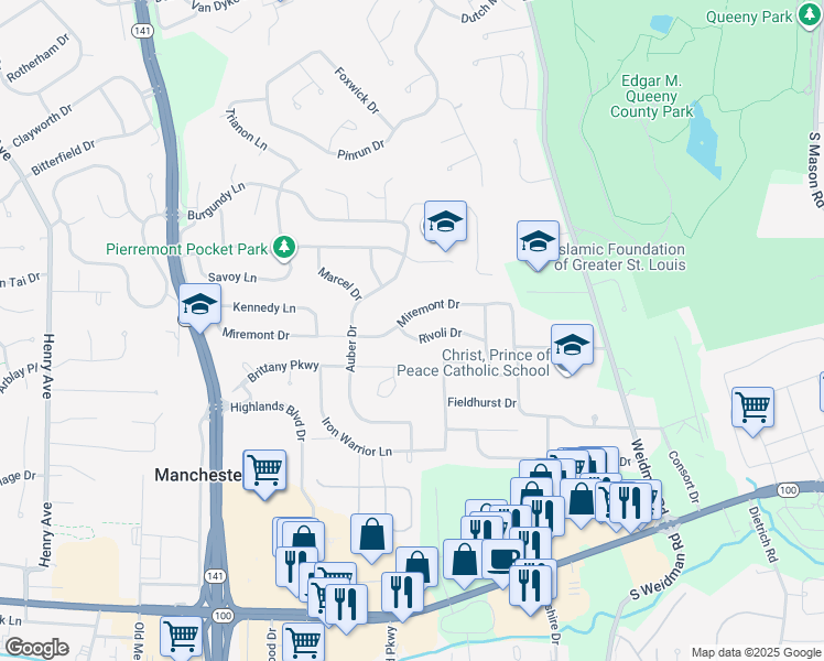 map of restaurants, bars, coffee shops, grocery stores, and more near 1203 Rivoli Drive in Ballwin