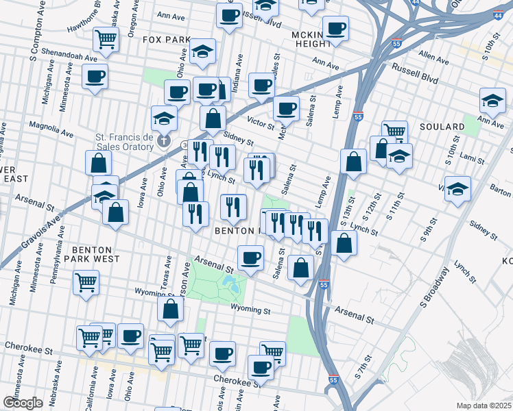map of restaurants, bars, coffee shops, grocery stores, and more near 2841 McNair Avenue in St. Louis