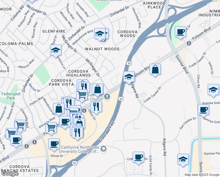 map of restaurants, bars, coffee shops, grocery stores, and more near 10901 Folsom Boulevard in Rancho Cordova