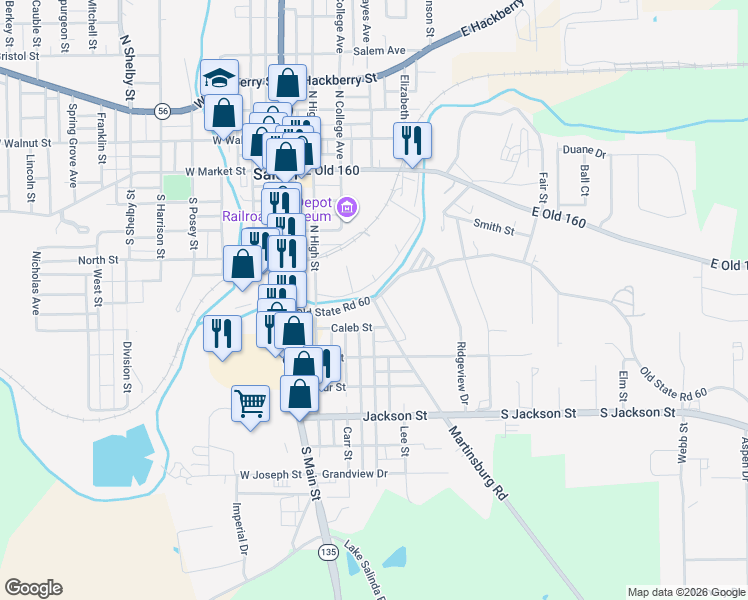 map of restaurants, bars, coffee shops, grocery stores, and more near 410 Old Indiana 60 in Salem