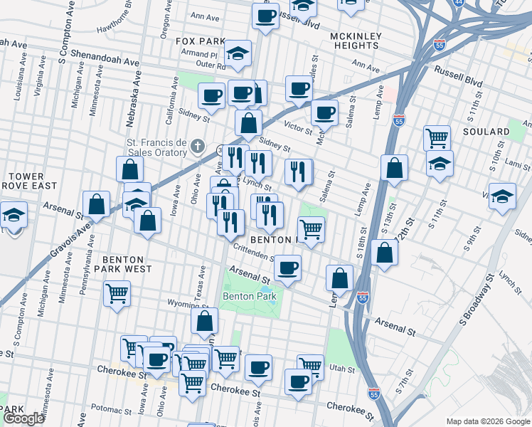 map of restaurants, bars, coffee shops, grocery stores, and more near 2849 Missouri Avenue in St. Louis