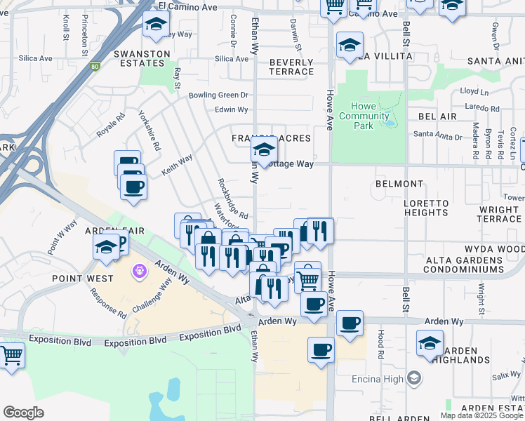 map of restaurants, bars, coffee shops, grocery stores, and more near 1922 Ethan Way in Sacramento