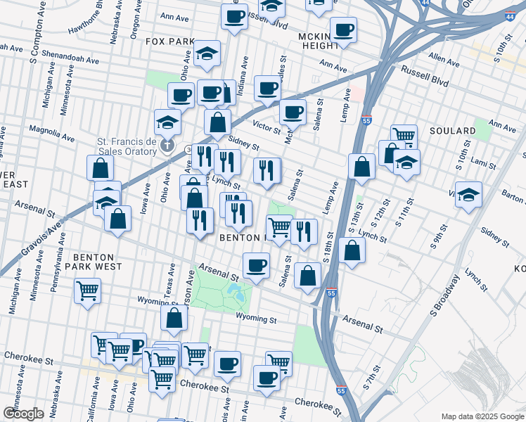 map of restaurants, bars, coffee shops, grocery stores, and more near 2841 McNair Avenue in St. Louis