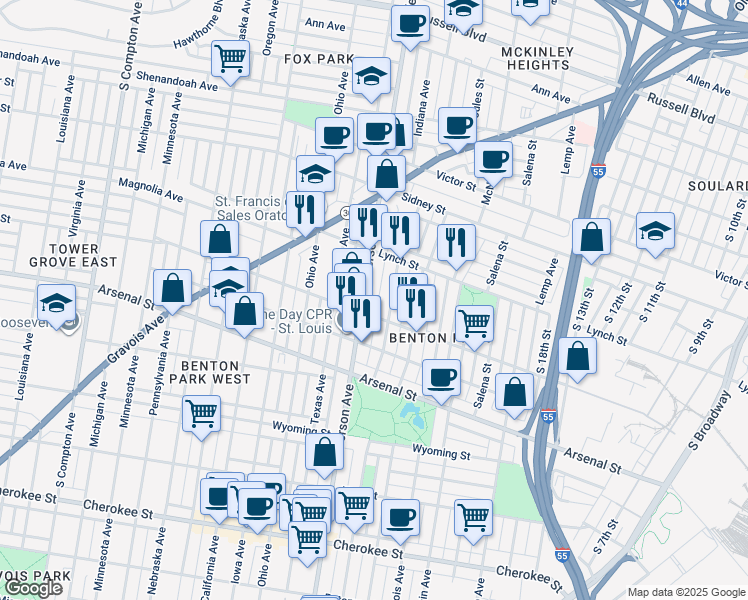 map of restaurants, bars, coffee shops, grocery stores, and more near 2870 South Jefferson Avenue in St. Louis
