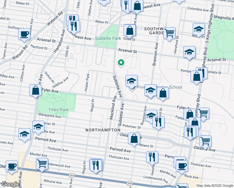 map of restaurants, bars, coffee shops, grocery stores, and more near 5403 Fyler Avenue in St. Louis