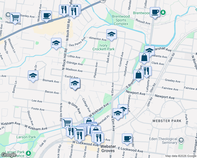 map of restaurants, bars, coffee shops, grocery stores, and more near 142 Euclid Avenue in Webster Groves