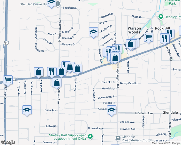 map of restaurants, bars, coffee shops, grocery stores, and more near 655 Tarrymore Lane in Kirkwood