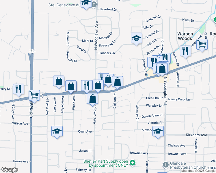 map of restaurants, bars, coffee shops, grocery stores, and more near 10205 Manchester Road in Kirkwood